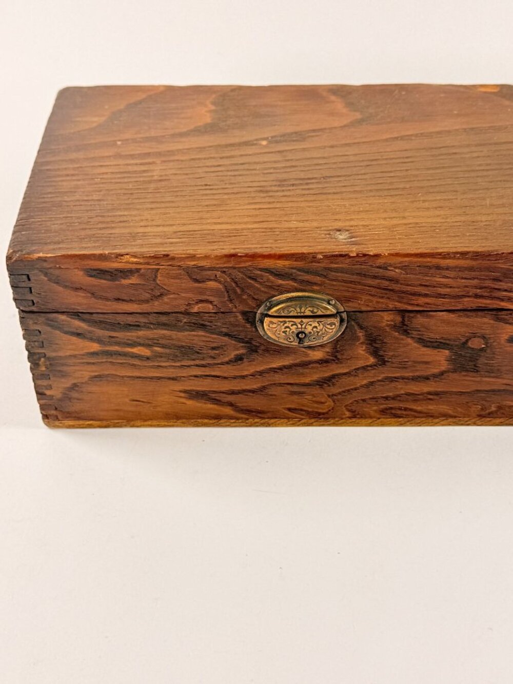 Vintage Wooden Storage Box With Brass Clasp And Hinges Rustic Finish